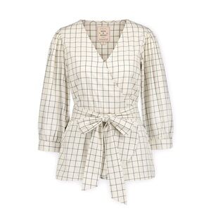 HOPE & HENRY Cotton Grid Windowpane Plaid Wrap Top Blouse in Ivory Navy Size 8